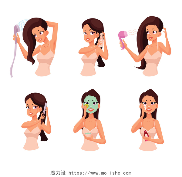 洗头护肤的人物插画漂亮的女人做美容程序的彩色卡通插图